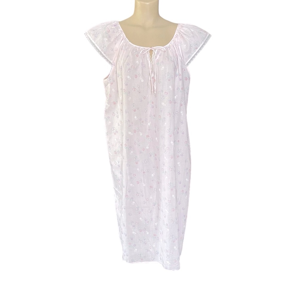 Vintage LORRAINE Cotton Blend Nightgown Pale Pink Floral Cap Sleeves Size 1X